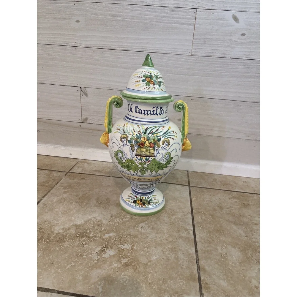 Vintage Di Camillo Biscotti 1920 Italy Hand Painted Majolica Ceramic Lidded Urn